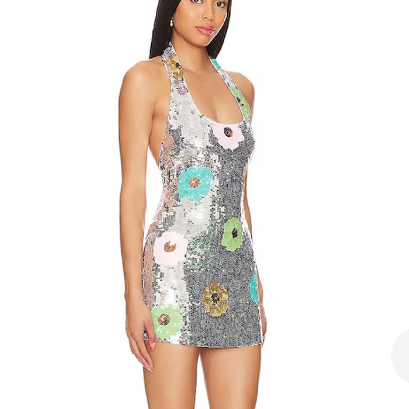 Lovers & Friends Mia Embellished Mini Dress in Silver Sequin Floral size medium - Picture 4 of 14